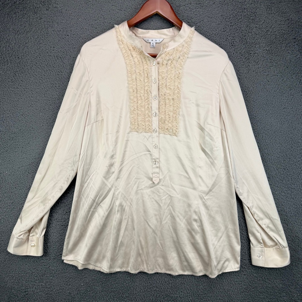 Cabi Womens XL Champagne Satin Ruffle Front Henley Blouse Long Sleeve Cream Top